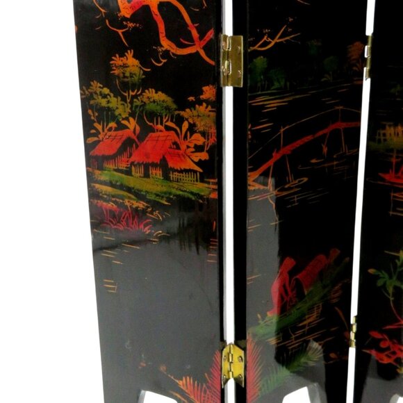 Geisha Mini FOLDING SCREEN Black Lacquer 6 Panel Asian Women Vintage - Picture 7 of 12